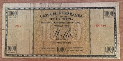 Greece 1000 Drachma Dracme 1941 L@@K CASSA MEDITERRANEA ITALIAN OCCUPATION RARE - Picture 2 of 5