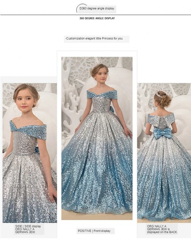 Kids Prom Dresses Girls Sequins Ball Gowns Evening Party Dress Blue and white