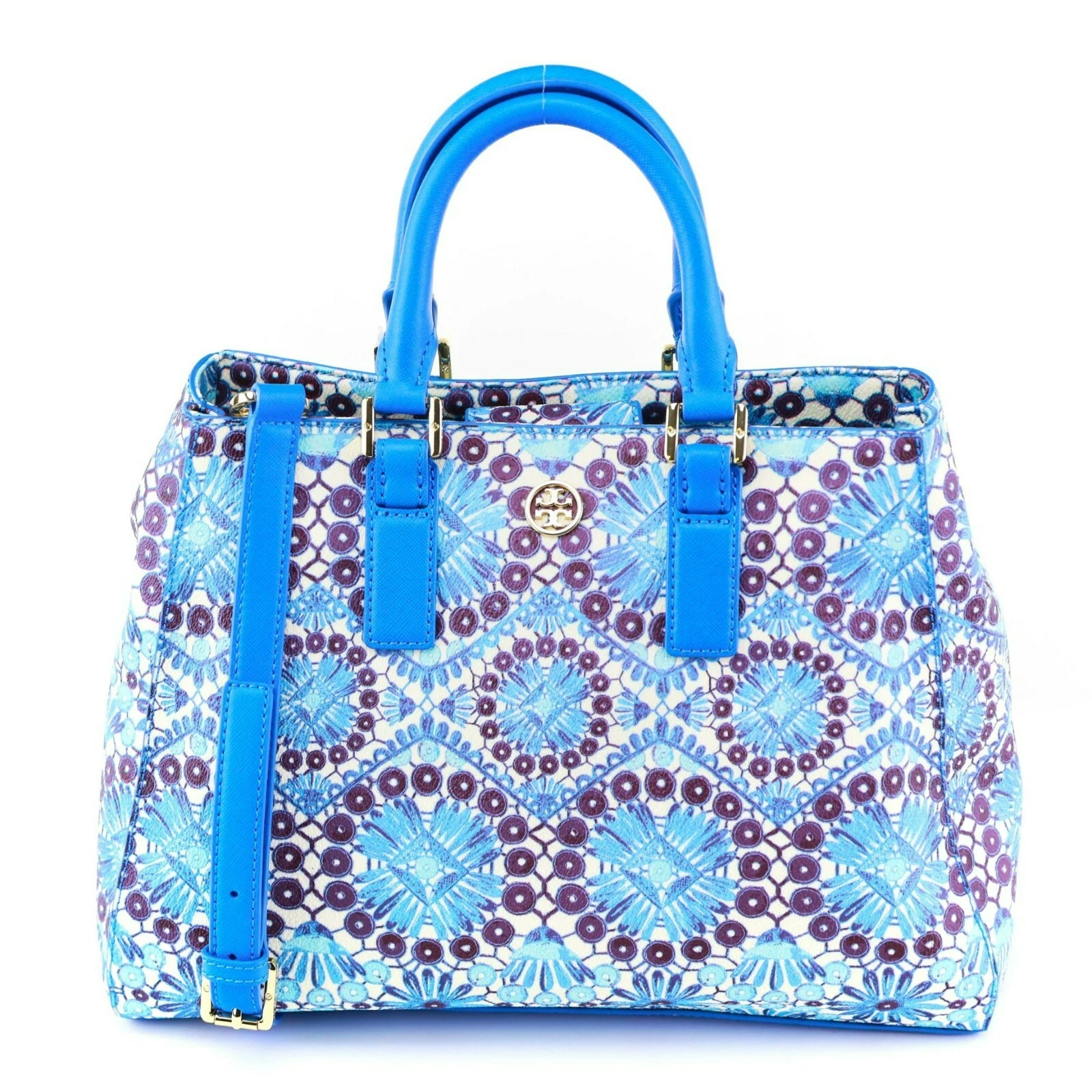 Borsa Tory Burch Robinson stampata triangolo blu nuova con etichetta