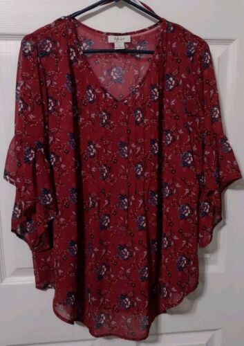 Style & Co Sheer Ruffle Sleeve Boho Tunic Top Blouse Large Red Floral Bell Slvs - Afbeelding 1 van 5
