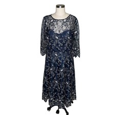 ALEX EVENINGS Dress Navy Floral Embroidery Mesh Overlay Women's 16 Illusion