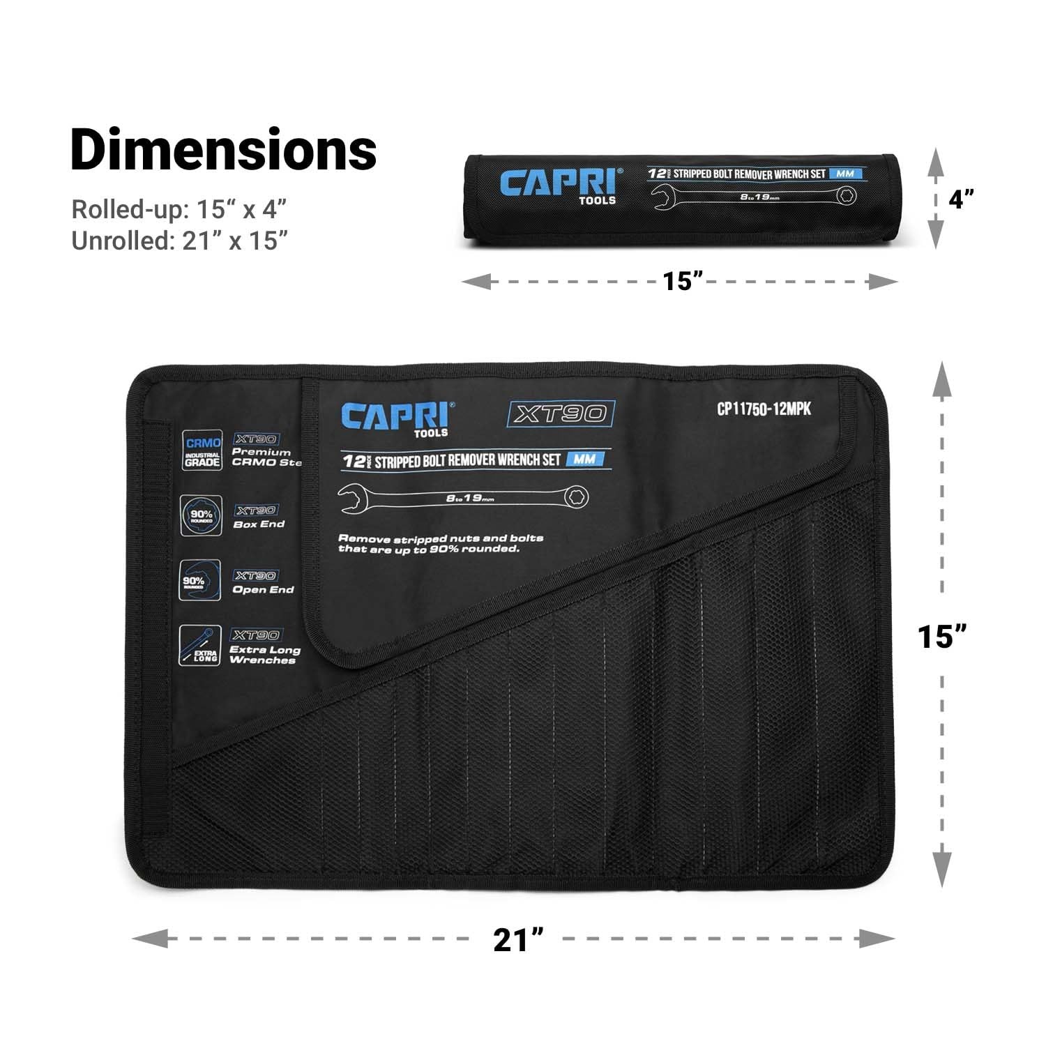 Wrench Roll Up Pouch for Extra-Long Wrenches, Metric, 12 Deep Pockets