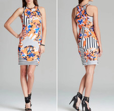 Clover Canyon Sheath Dress Womens M Orange Floral Stripe Mixed Media Print NWT