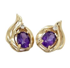 14K Yellow Gold Amethyst Stud Earrings Diamond 2.9g
