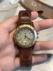 Vintage TIMEX Safari Watch Brass Bezel Brown Leather Strap UNTESTED