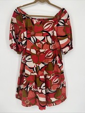 Boho Chic Tropical Mini Dress Women's L Green Pink Short Puffy Sleeve Resortwear
