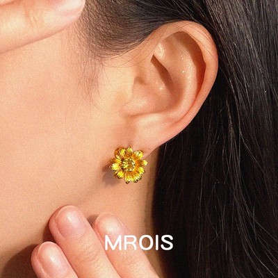 18K Gold Plated Sunflower Zircon Earrings Matte Finish S925 Needle Luxury Style