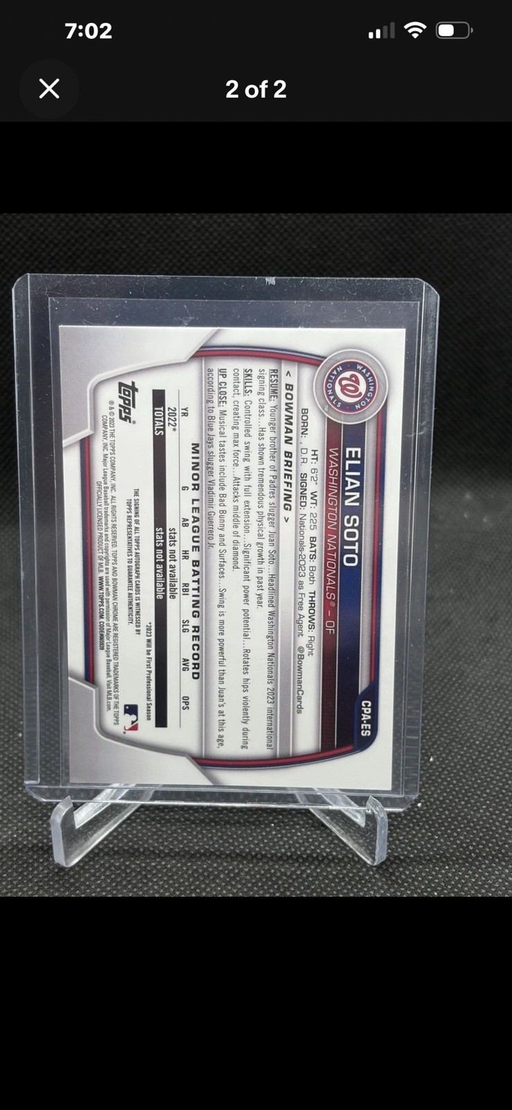 2023 Bowman Chrome Prospect Auto Elian Soto Nationals CPA-ES Rookie view 2