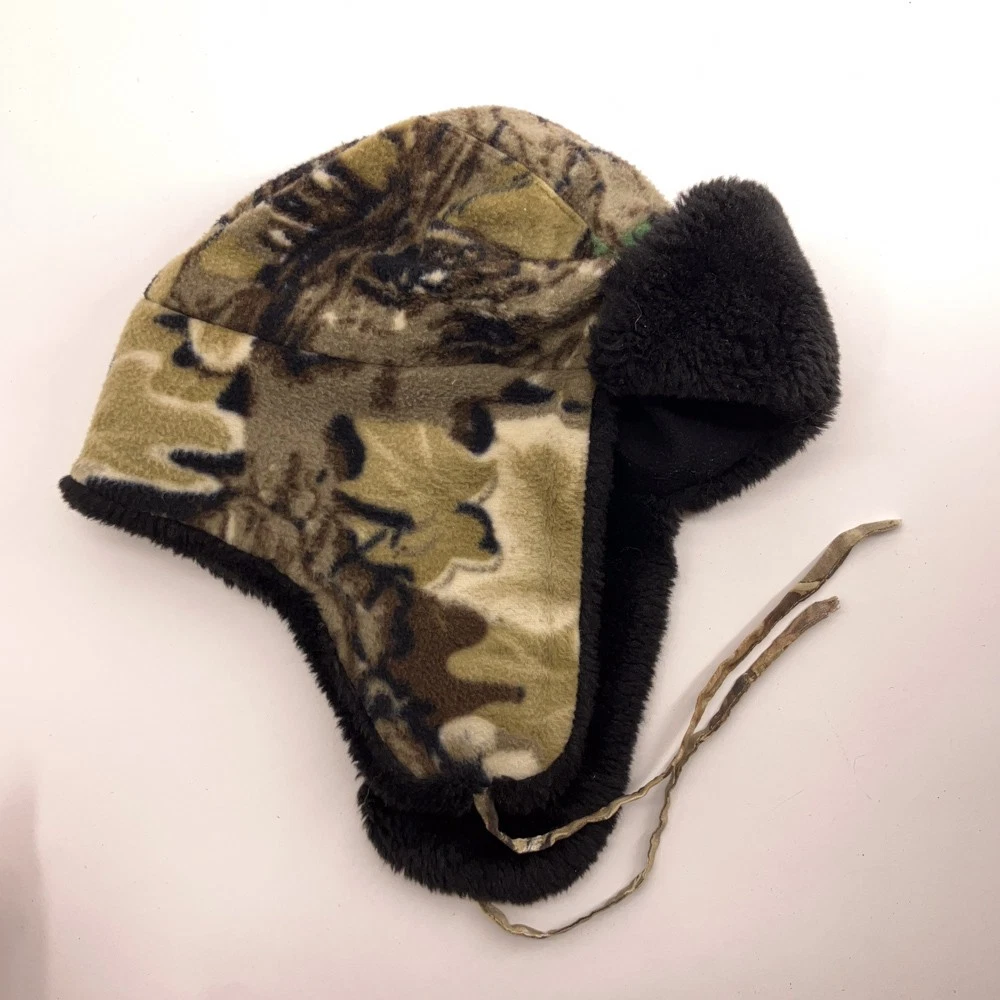 Quiet Camo Fleece Winter Trapper Cap Black Lining Warm