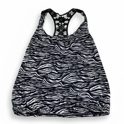Self Esteem Zebra Print Tank Top Large Black White Lace Racerback Bubble Hem