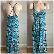 Currants Blue Ikat Print Smocked Maxi Dress, Boho Strappy Back Summer Dress