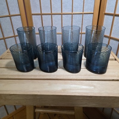 The Cellar Macys Exclusive Set 8 Oval Blue Ribbed High/Low Ball Drinking Glasses