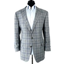 Recent Hickey Freeman USA Made Blue Bold Check Pure 100% Linen Sport Coat 46 L