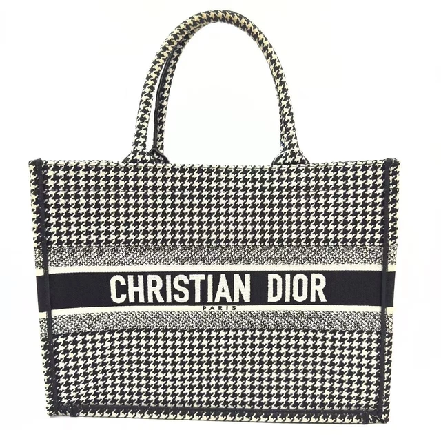 HJ Christian Dior Canvas Houndstooth Embroidered Medium Book Tote Black
