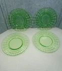 ANCHOR HOCKING GREEN URANIUM DEPRESSION GLASS BLOCK OPTIC 8" PLATES  SET OF 4