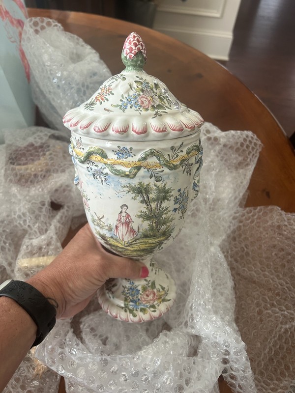 Antique Style Hand Painted Covered Urn Floral Design Strawberry Finial