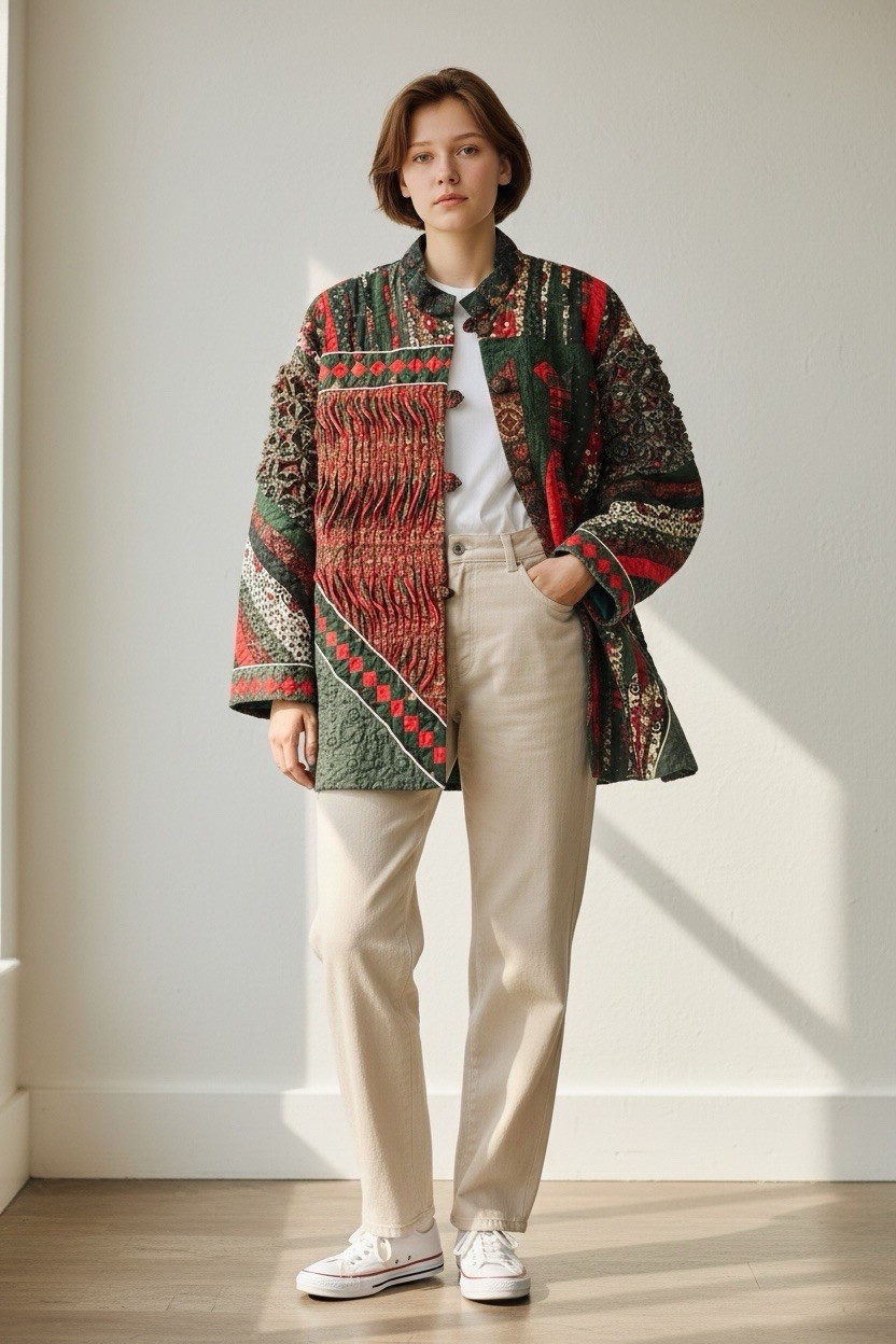 Handmade Patchwork Christmas Quilted Jacket Butto… - image 19