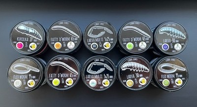 ''Libra Lures Set'' TOP Forellenköder 10 Dosen Fatty D Worm, Larva, Flex Worm etc.