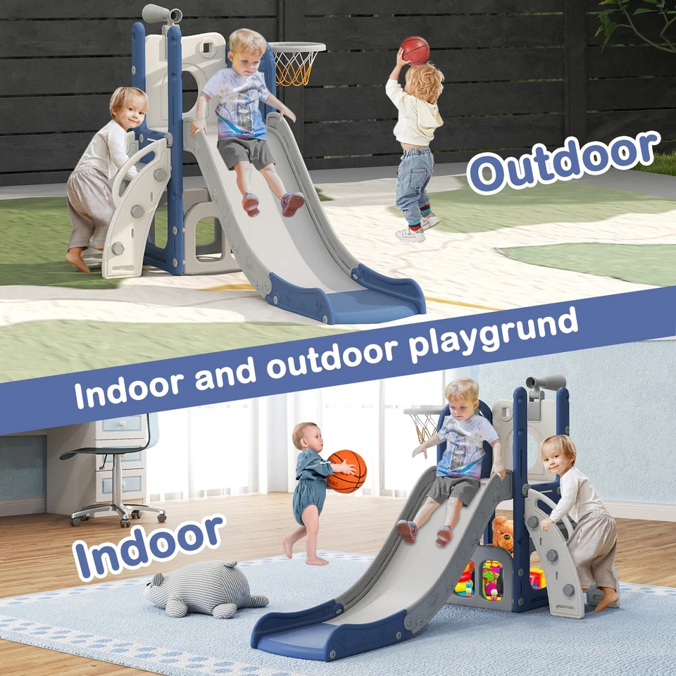 Tobogán 6 en 1 para niños pequeños con baloncesto y telescopio, juego de interior para edades de 1-3 Foto 4 de 4