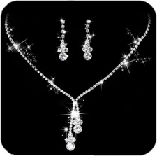 Necklace Earrings Set Bride Jewelry Crystal Rhinestone Jewelry for Women Silver