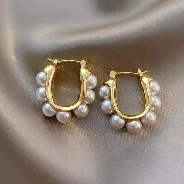1.50Ct Round Cut Genuine White Pearl Women Hoop Earrings 14K Yellow Gold Plated - Image 4 of 4