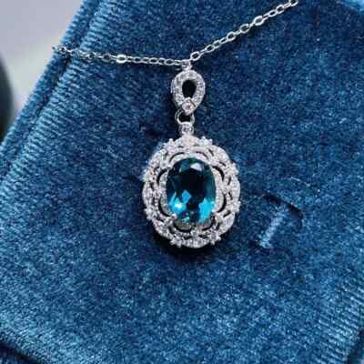 2 CT Oval Cut Blue Topaz Halo Womens Pendant With Chain 14K White Gold Finish