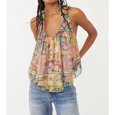 Free People Tank Top Strawberry Tank Halter Collared Multicolored Blouse Boho