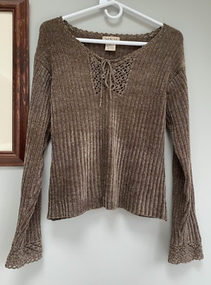 Y2K MKM Designs  Soft Knit Brown  V Neck Pullover Sweater Size XL