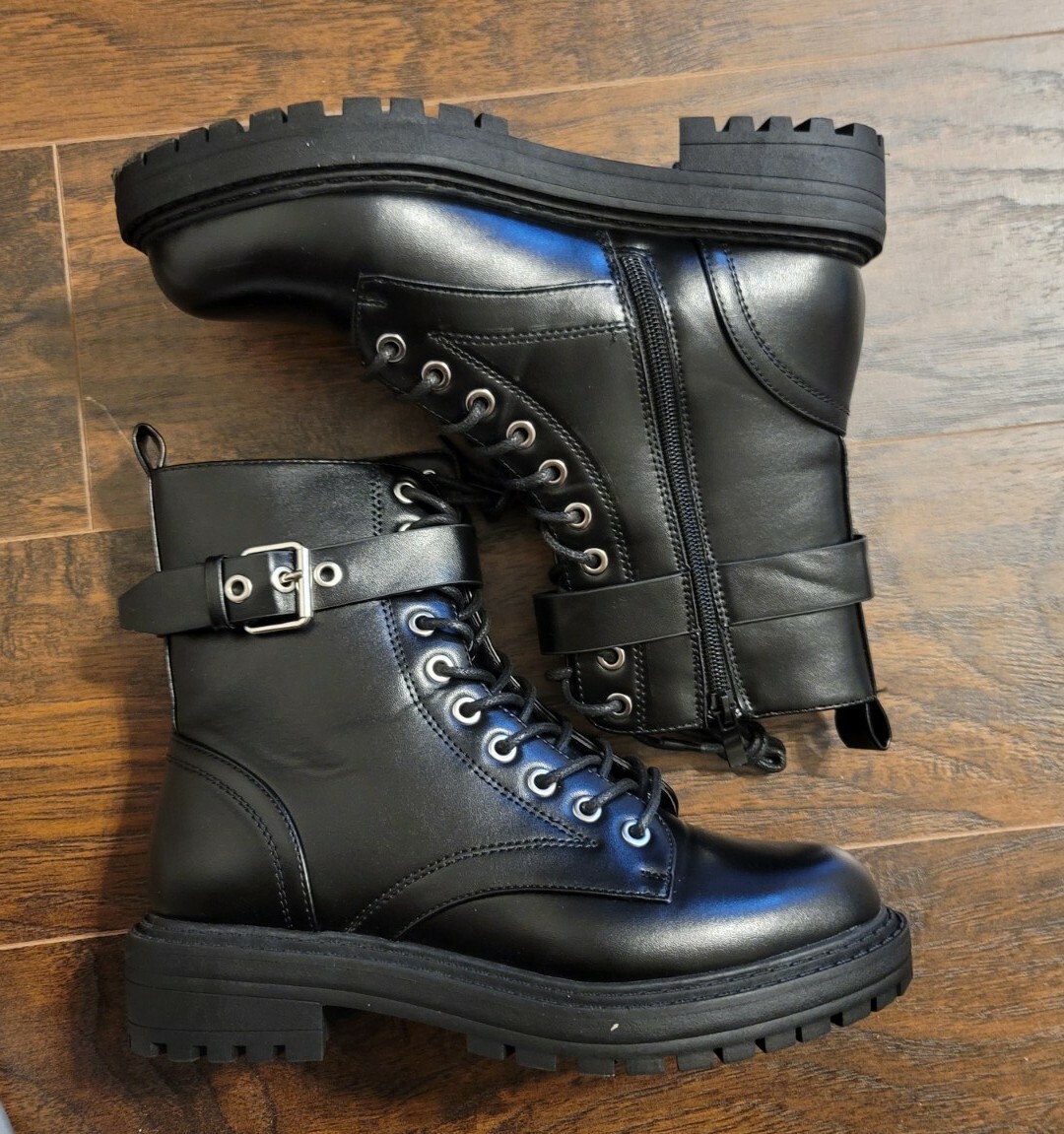 TINSTREE Women's Fashion Buckle Low Heel Combat Boots Side Zipper Mid Calf  SZ