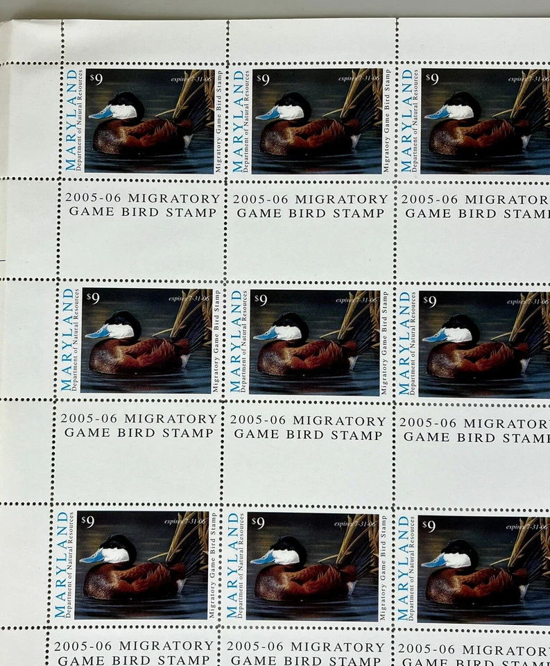 2005-06 Maryland Migratory Game Bird Stamp $9 - Canvasback Duck FULL SHEET Block - Image 4 of 4