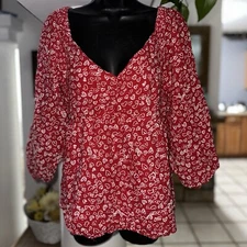 Loft Blouse Womens 8 Red Hearts Print Smocked Sweetheart Neck Peasant Sleeve Top