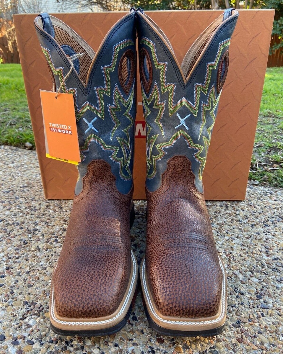 New Mens Steel Toe Twisted X Blue Brown Leather Western Work Boots