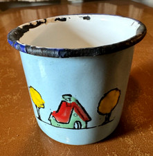 Vintage Porcelein Enamel Children's Blue Cup Trees and House