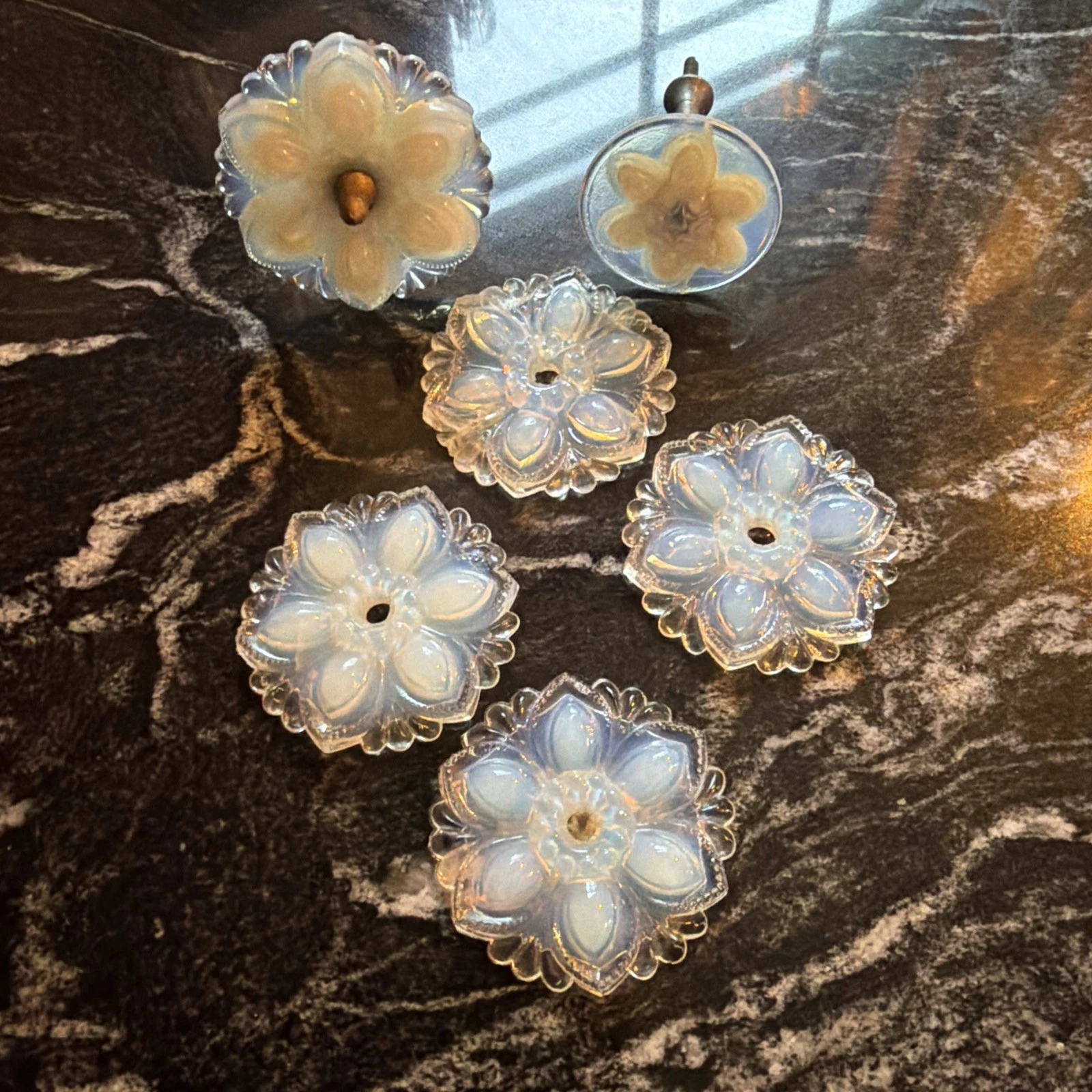 Set Of 6 antique opalescent pressed glass floral curtain tie-backs