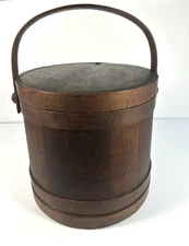 Antique primitive large 12" Sugar Bucket Firkin with lid & swing handle