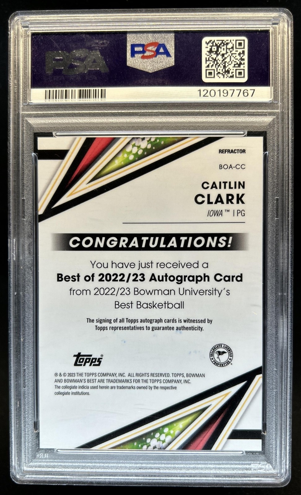2022-23 Bowman U Best Caitlin Clark Best of 2022 Auto Refractor #BOA-CC PSA 10 view 2