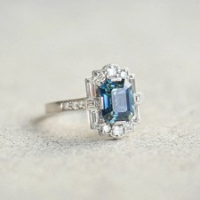 Art Deco Style 2.10Ct Aquamarine Lab Created Diamond 14K White Gold Finish Ring