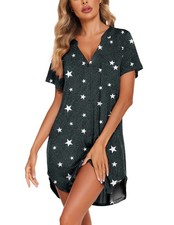 Women's Short Sleeves Sleepwear Cotton Nightgown Button Down Comfy Tee Sleep ...
