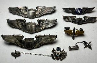 8 WWII US Army Sterling Silver Military Pilot Wings Pins Badges US AAF