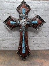 Wall Cross Rustic Western Look of Tooled Leather Faux Gemstone  Turquoise 11.5  