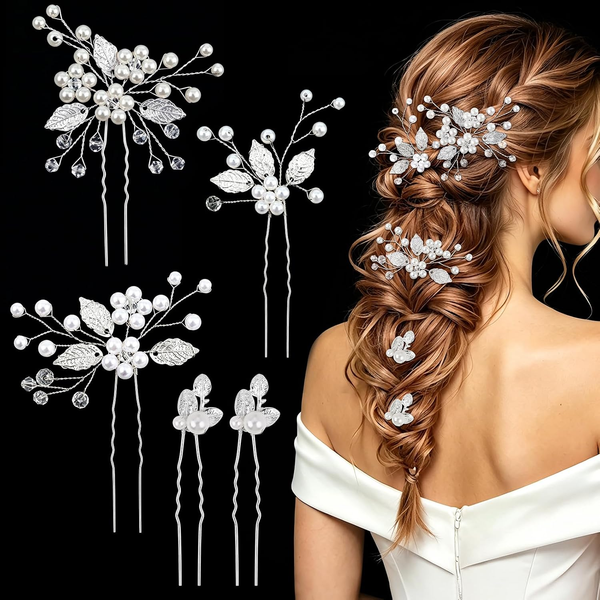 5 StüCk Perlen Blume Haarnadeln Silber, Braut Haarschmuck Hochzeit-image