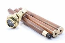 Collapsible Compass Brass Handle Walking Cane Ornamental Wooden Shaft Portable