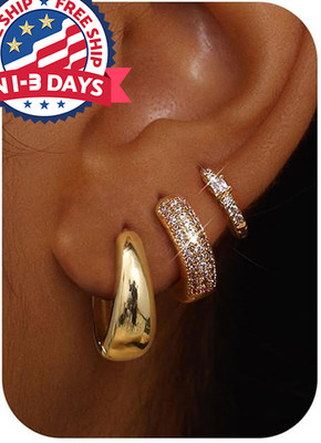 Juego de 3 pares de aretes de aro chapados en oro de 14 quilates para mujer