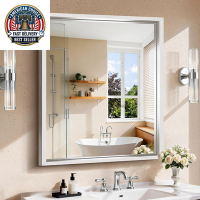 30''X36'' Brushed Silver Mirror with Chunky Box Metal Frame, Bathroom Mirror for V