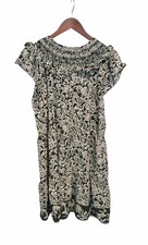 LOFT Smocked Ruffle Sleeve Floral Dress Large Green Black White Summer Casual