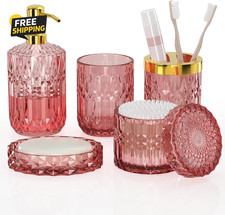 5PC Pink Glass Bathroom Accessories Set Soap Dispenser Toothbrush Holder