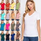 Women's V Neck Cotton Short Sleeve T-Shirt Slim Fit Soft Stretch Plain Basic Top