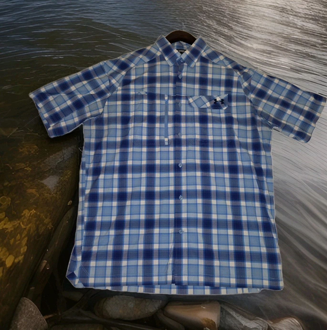 Under Armour Fish Hunter Blue Plaid Shirt Mens XL Camp Fishing Outdoor Hiking
