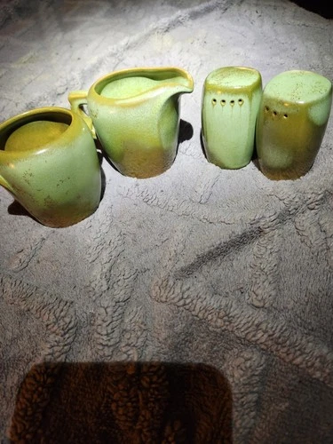 Vintage Frankoma Prairie Green Pottery Open Sugar, Creamer & Salt & Pepper...