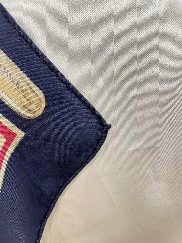 H74# Ralph Lauren Bufanda de Seda Cadena Rayas Borde Azul Marino Rojo Crema Vintage Cuadrado Foto 3 de 4